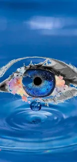 Abstract blue eye with cosmic iris on rippling water background.