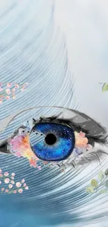 Artistic sky blue eye with floral plant and galaxy details.