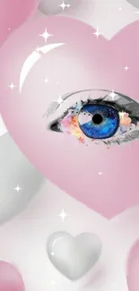 Mobile wallpaper with a blue eye inside a pink heart surrounded by sparkles.