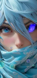 Anime character with sky blue hair and eyes, wrapped in a matching scarf.