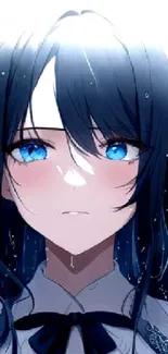 Anime girl with blue eyes in the rain, emotional and beautifully illustrated.