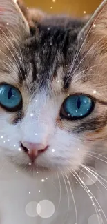 Close-up of a blue-eyed cat with sparkling details on a mobile wallpaper.