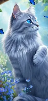 Blue-eyed cat surrounded by blue butterflies in a natural setting.
