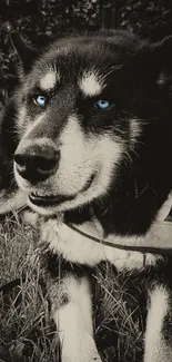 Husky dog with blue eyes in black and white setting.