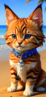 Charming kitten with blue eyes on a sunny beach, perfect mobile wallpaper.