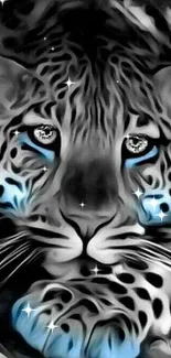 Black and white leopard with striking blue eyes on mobile wallpaper.