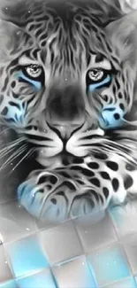 Leopard with blue eyes on a geometric gray and blue background.