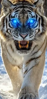 Blue Eyed Realistic Tiger Walking In The Snow Live Wallpaper