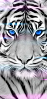 Stunning black and white tiger with striking blue eyes in digital art design.