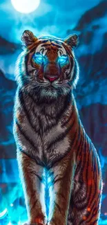 Fantasy tiger with glowing blue eyes under moonlight.