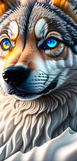 Stunning blue-eyed wolf digital art wallpaper for mobile.