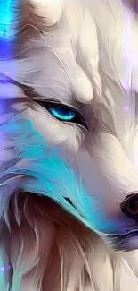 Digital painting of a wolf with vibrant blue eyes and turquoise accents.