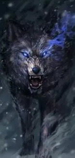 Mystical blue-eyed wolf in snow art wallpaper.