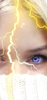 Mobile wallpaper with blue eyes and golden lightning effect.