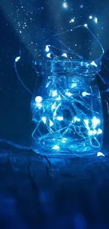 Jar filled with blue fairy lights against a starry backdrop.