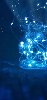 Jar of glowing blue fairy lights against a starry night sky wallpaper.