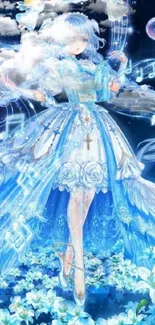 Fantasy anime angel in blue with music notes and flowers.