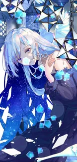 Anime girl with blue hair and stars, surrounded by lanterns.