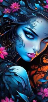 Fantasy art with blue woman and vibrant flowers.