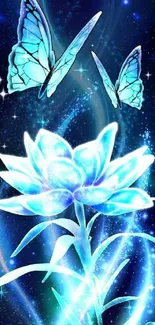 Blue butterflies and glowing flower in cosmic setting.