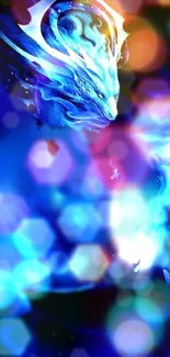 Blue fantasy creature with vibrant bokeh lights background.