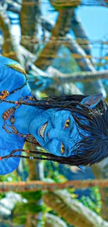 Fantasy blue creature in vibrant jungle setting.
