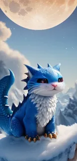 Cute blue dragon on snowy mountain under a bright full moon.