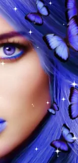 Fantasy blue portrait wallpaper with butterflies and flowers.