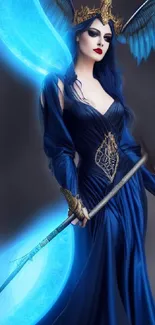 Blue warrior queen with wings and sword in a dark fantasy setting.