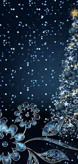 Blue festive Christmas tree with stars on dark background.