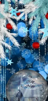 Festive winter mobile wallpaper with blue and snow globe decorations.