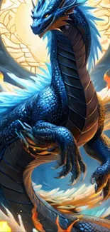 Blue dragon emerging from flames in a mystical, vibrant fantasy design.