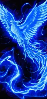 Blue fire phoenix with glowing wings on a dark background.