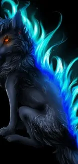 Mystical wolf with blue flames, digital art wallpaper.