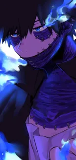 Anime character with blue flames background.