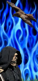 Reaper and eagle with blue flames background.