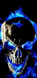 Blue flaming skull wallpaper with dark background.