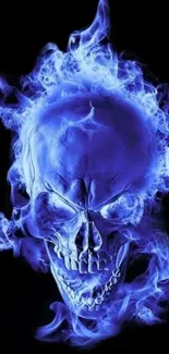 Blue flame skull design on a dark background, ideal for mobile wallpaper.