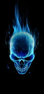 Blue flame skull on black background wallpaper.