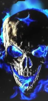 A skull wrapped in ethereal blue flames on a dark background.