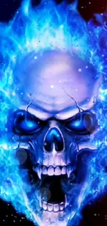 Fierce skull with vivid blue flames in a striking wallpaper design.