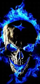 Fiery skull engulfed in striking blue flames on dark background.