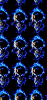 Repeating blue flame skull pattern on a dark background for mobile wallpaper.