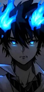 Anime character with glowing blue flames in a digital artwork.