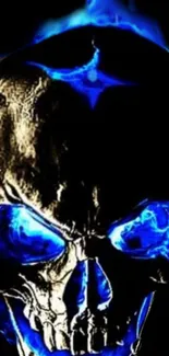 Skull engulfed in blue flames, dark background.