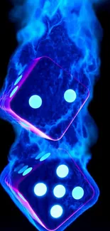 Blue flaming dice with neon glow on dark background.