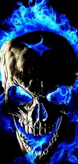 Vibrant blue flaming skull on a dark background.