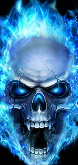 Blue flaming skull with fiery aura on black background.