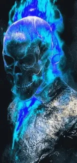 Skull with vibrant blue flames on dark background.