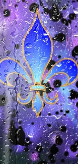 Blue fleur-de-lis on a rain-soaked purple background wallpaper.